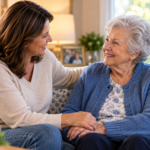 Adult daughter discussing 24-hour care at home for her elderly mother in Scranton PA