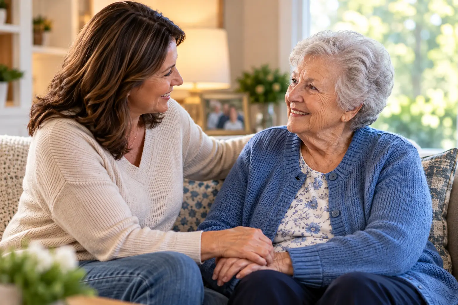 Adult daughter discussing 24-hour care at home for her elderly mother in Scranton PA